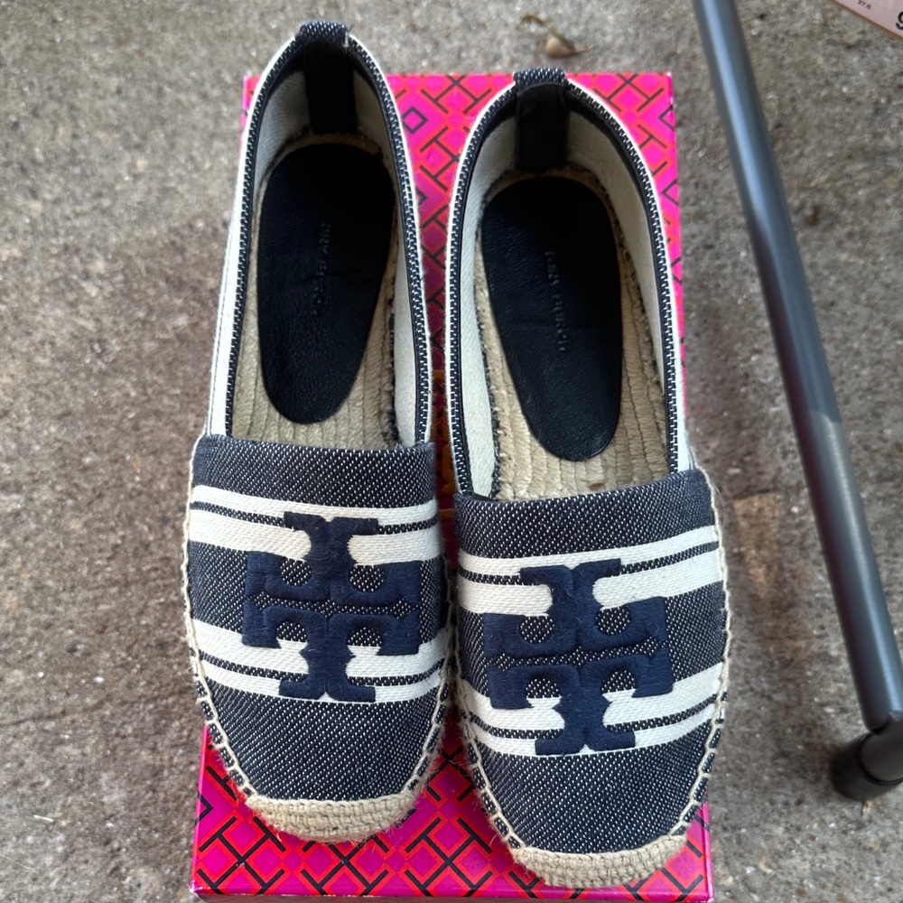 Tory Burch Striped Espadrilles in Navy and White